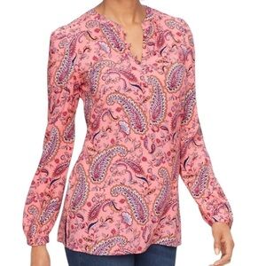 Talbots Band Collar Popover Top Plus 2Xp Pink Dancing Paisley Long Sleeve Blouse